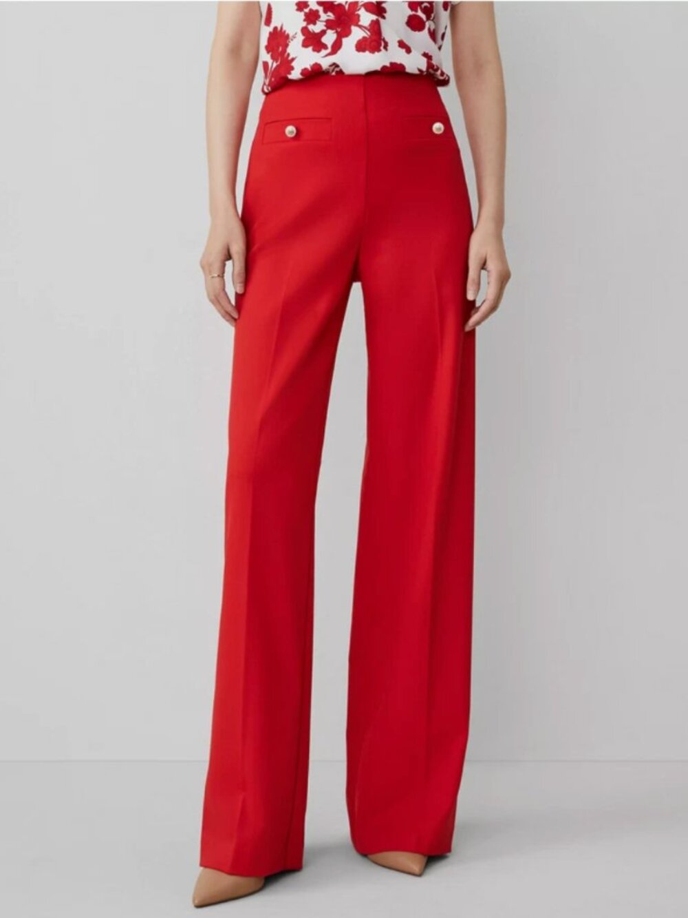 Ann Taylor Red Wide Leg Sailor Pants Gold Crest Buttons